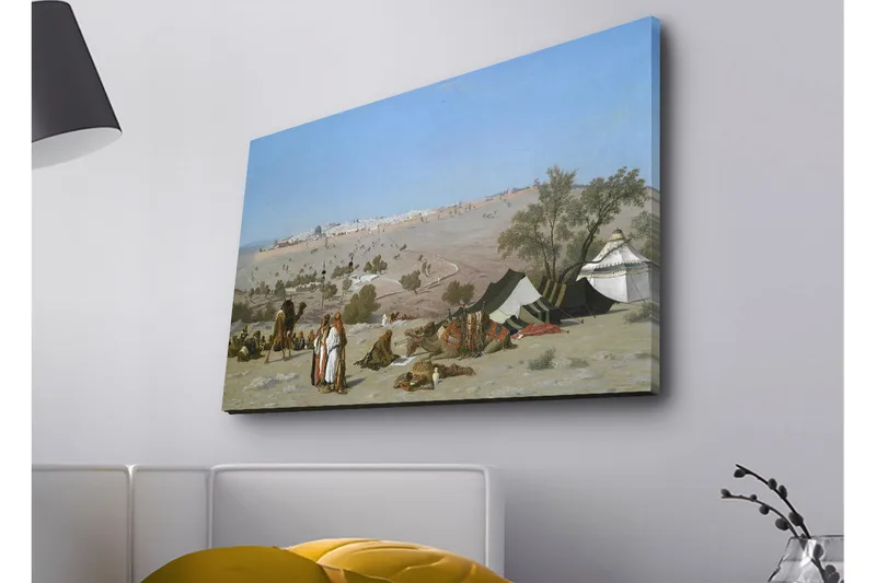 Lærredsbillede med LED-belysning - Landskab med beduiner og telte i et ørkenmiljø, Blå / Grøn / Beige