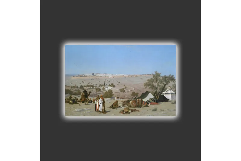 Lærredsbillede med LED-belysning - Landskab med beduiner og telte i et ørkenmiljø - Blå / Grøn / Beige - Boligtilbehør - Billeder & kunst - Billeder på lærred