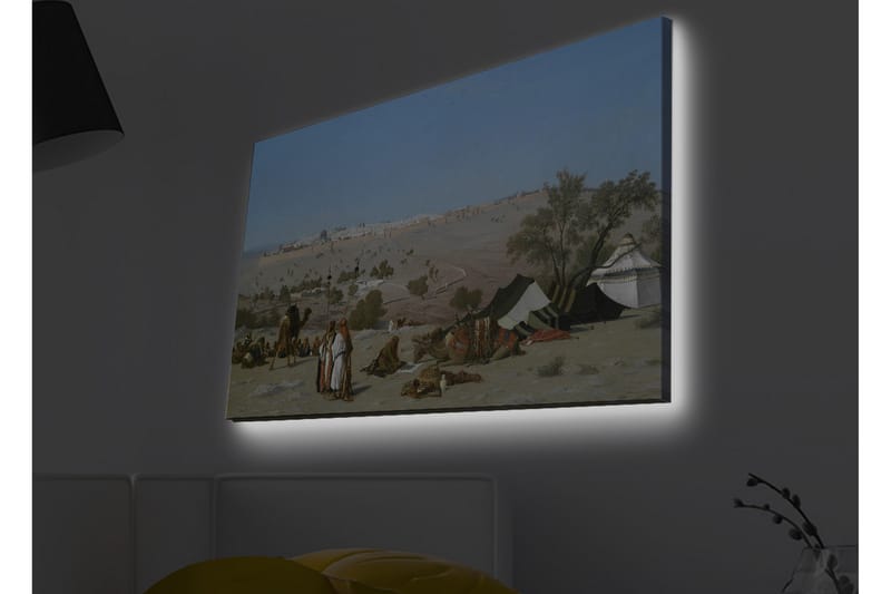 Lærredsbillede med LED-belysning - Landskab med beduiner og telte i et ørkenmiljø - Blå / Grøn / Beige - Boligtilbehør - Billeder & kunst - Billeder på lærred