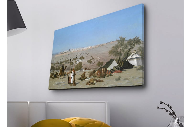 Lærredsbillede med LED-belysning - Landskab med beduiner og telte i et ørkenmiljø, Blå / Grøn / Beige