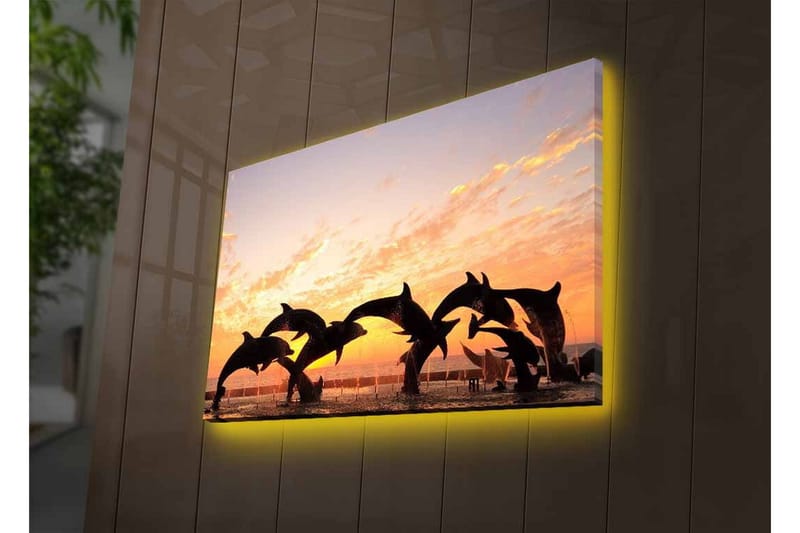 Lærredsbillede med LED-belysning - Legesyg delfiner der hopper i solnedgangen - Orange / Sort / Blå - Boligtilbehør - Billeder & kunst - Billeder på lærred