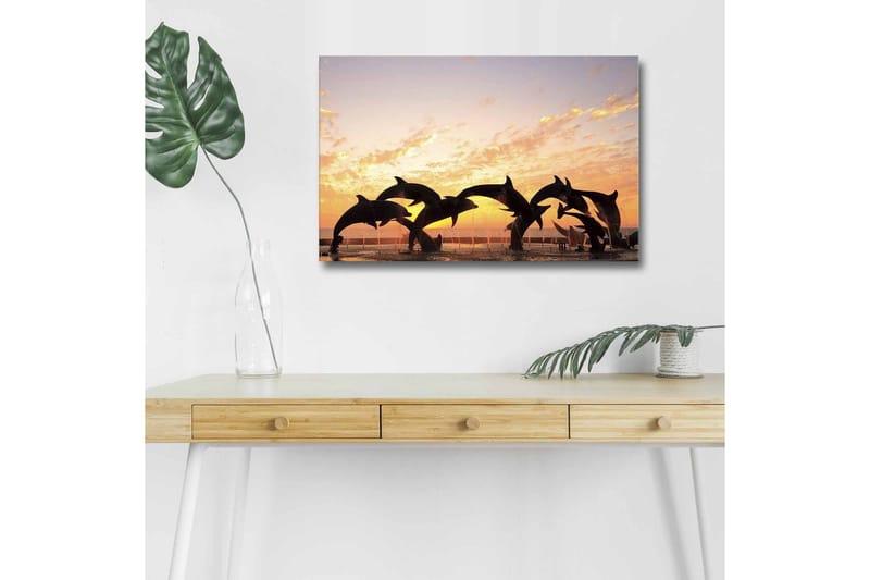Lærredsbillede med LED-belysning - Legesyg delfiner der hopper i solnedgangen, Orange / Sort / Blå