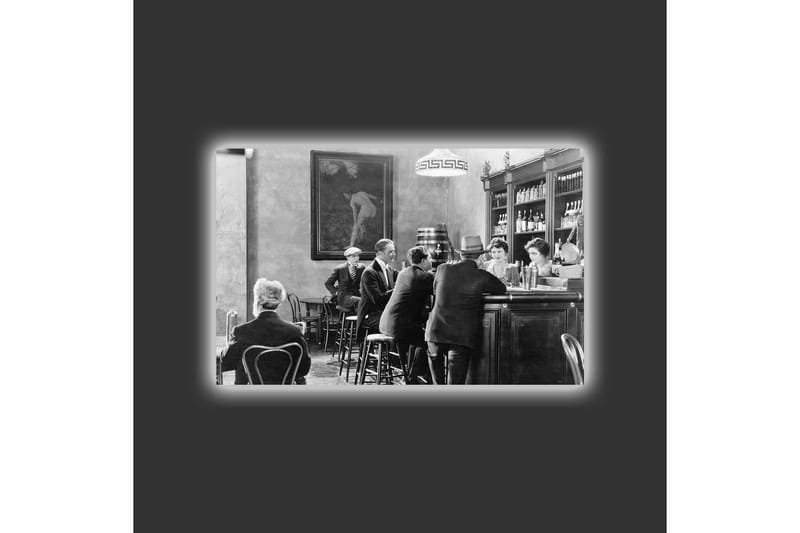 Lærredsbillede med LED-belysning - Livlig scene fra en bar med mennesker i samtale og interaktion - Sort / Hvid / Grå - Boligtilbehør - Billeder & kunst - Billeder på lærred