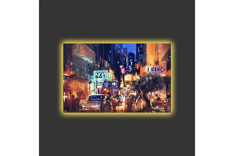 Lærredsbillede med LED-belysning - Livligt bybillede med natteliv og biler - Mørkeblå / Orange / Grøn - Boligtilbehør - Billeder & kunst - Billeder på lærred