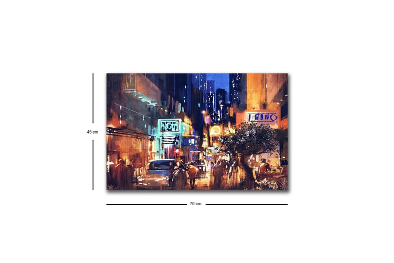 Lærredsbillede med LED-belysning - Livligt bybillede med natteliv og biler - Mørkeblå / Orange / Grøn - Boligtilbehør - Billeder & kunst - Billeder på lærred