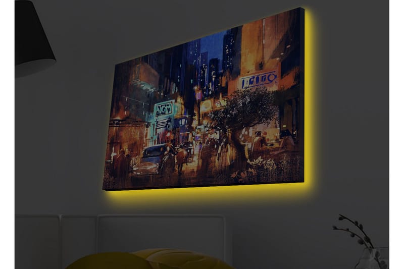 Lærredsbillede med LED-belysning - Livligt bybillede med natteliv og biler - Mørkeblå / Orange / Grøn - Boligtilbehør - Billeder & kunst - Billeder på lærred