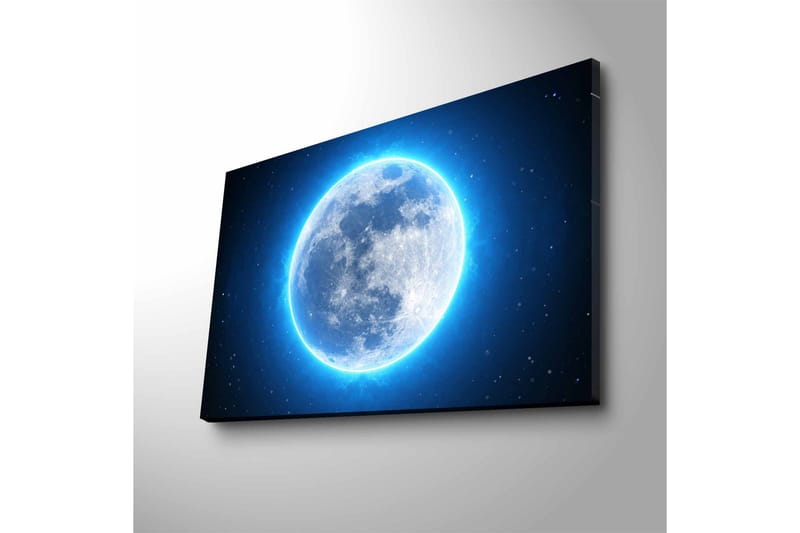 Lærredsbillede med LED-belysning - Lysende fuldmåne omgivet af stjerner - Blå / Hvid / Mørkeblå - Boligtilbehør - Billeder & kunst - Billeder på lærred
