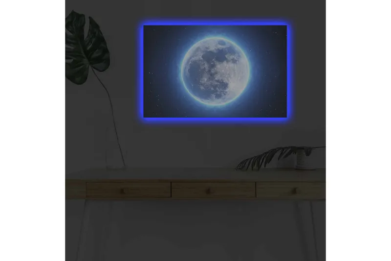 Lærredsbillede med LED-belysning - Lysende fuldmåne omgivet af stjerner - Blå / Hvid / Mørkeblå - Boligtilbehør - Billeder & kunst - Billeder på lærred