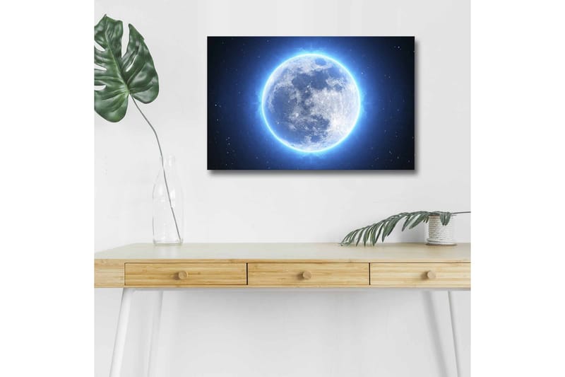 Lærredsbillede med LED-belysning - Lysende fuldmåne omgivet af stjerner, Blå / Hvid / Mørkeblå