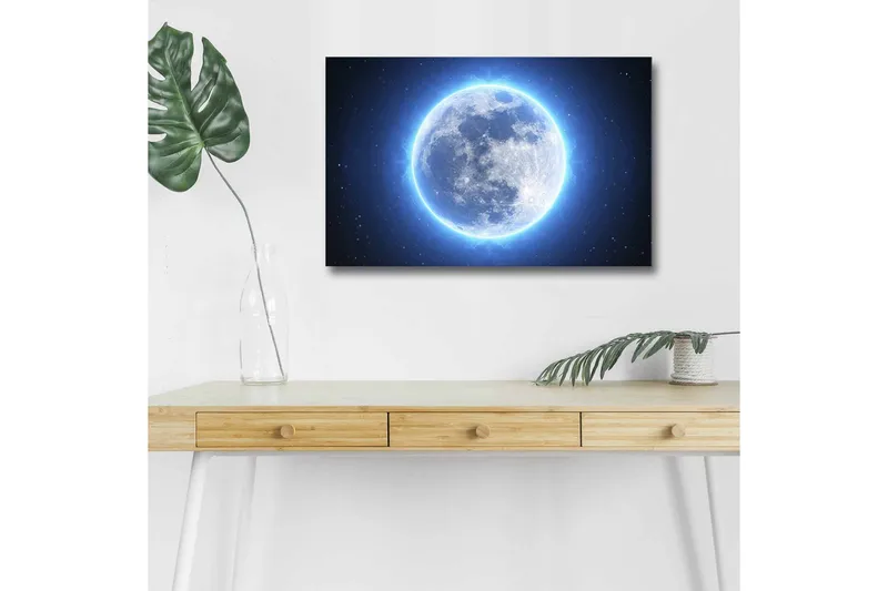 Lærredsbillede med LED-belysning - Lysende fuldmåne omgivet af stjerner, Blå / Hvid / Mørkeblå