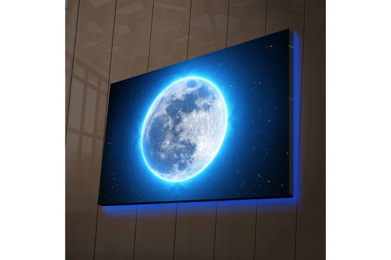 Lærredsbillede med LED-belysning - Lysende fuldmåne omgivet af stjerner - Blå / Hvid / Mørkeblå - Boligtilbehør - Billeder & kunst - Billeder på lærred