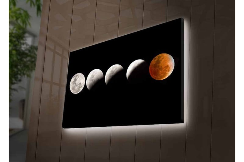 Lærredsbillede med LED-belysning - Månefaser i forskellige former mod en sort baggrund - Grå / Sort / Rød - Boligtilbehør - Billeder & kunst - Billeder på lærred