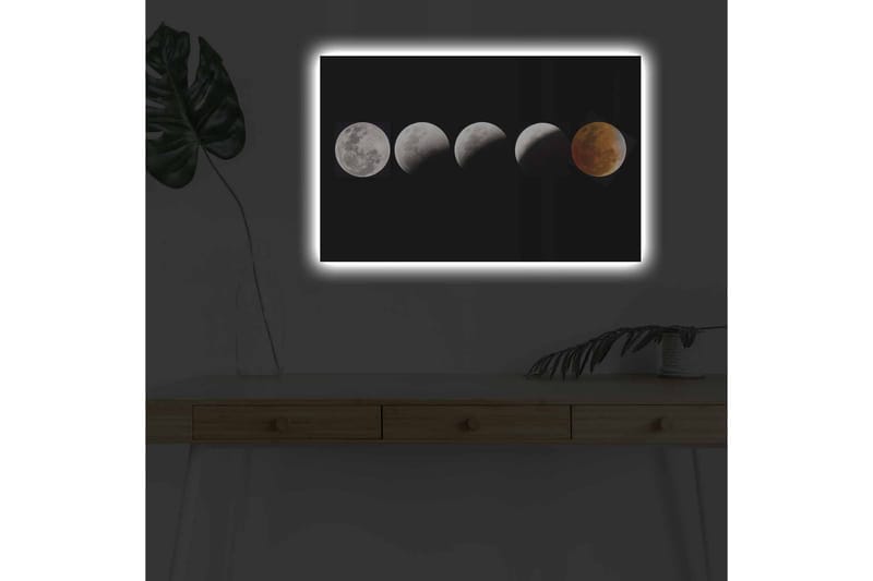 Lærredsbillede med LED-belysning - Månefaser i forskellige former mod en sort baggrund - Grå / Sort / Rød - Boligtilbehør - Billeder & kunst - Billeder på lærred