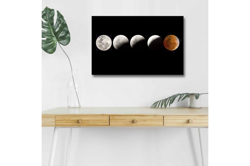 Lærredsbillede med LED-belysning - Månefaser i forskellige former mod en sort baggrund, Grå / Sort / Rød