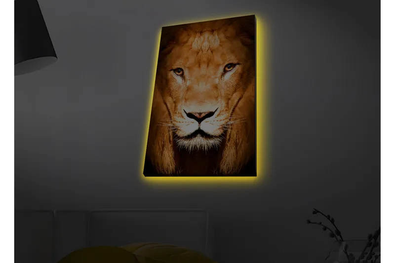 Lærredsbillede med LED-belysning - Majestætisk løvehoved nærbillede, Guld / Brun / Sort