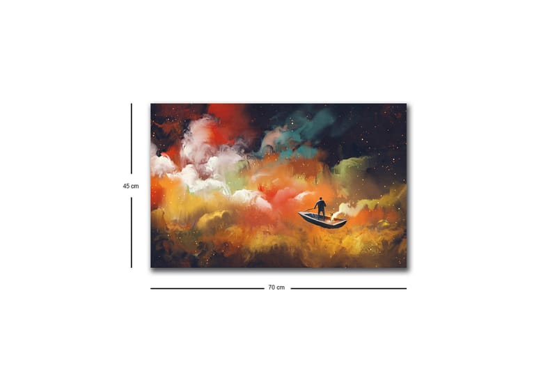 Lærredsbillede med LED-belysning - Mand i båd, der navigerer gennem farverige skyer - Orange / Blå / Hvid - Boligtilbehør - Billeder & kunst - Billeder på lærred