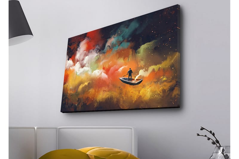 Lærredsbillede med LED-belysning - Mand i båd, der navigerer gennem farverige skyer - Orange / Blå / Hvid - Boligtilbehør - Billeder & kunst - Billeder på lærred