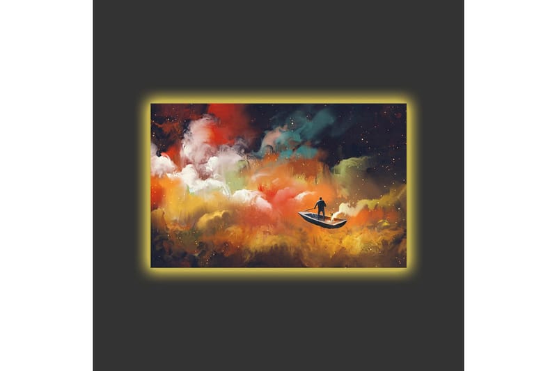 Lærredsbillede med LED-belysning - Mand i båd, der navigerer gennem farverige skyer - Orange / Blå / Hvid - Boligtilbehør - Billeder & kunst - Billeder på lærred