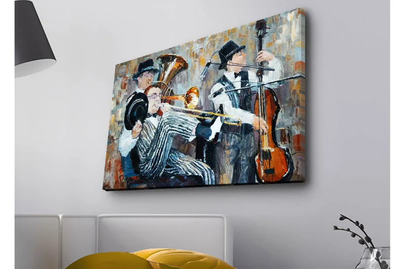 Lærredsbillede med LED-belysning - Musikalsk optræden med tre musikere, der spiller, Mørkeblå / Orange / Hvid