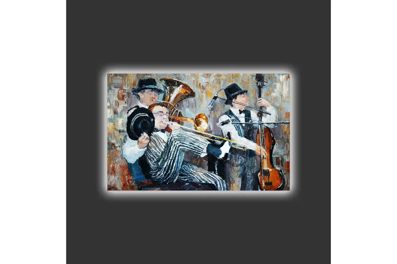 Lærredsbillede med LED-belysning - Musikalsk optræden med tre musikere, der spiller - Mørkeblå / Orange / Hvid - Boligtilbehør - Billeder & kunst - Billeder på lærred