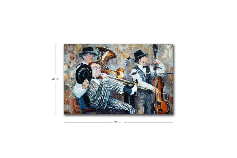 Lærredsbillede med LED-belysning - Musikalsk optræden med tre musikere, der spiller - Mørkeblå / Orange / Hvid - Boligtilbehør - Billeder & kunst - Billeder på lærred