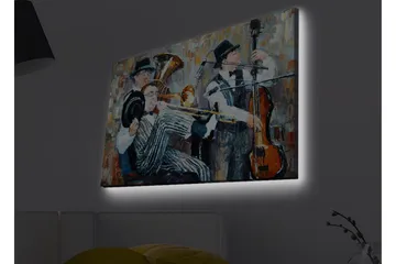 Lærredsbillede med LED-belysning - Musikalsk optræden med tre musikere, der spiller - Mørkeblå / Orange / Hvid - Boligtilbehør - Billeder & kunst - Billeder på lærred