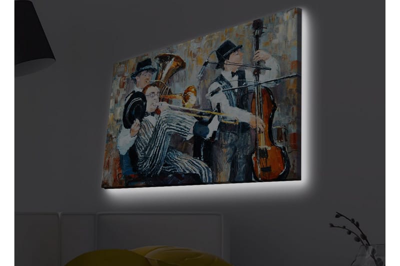 Lærredsbillede med LED-belysning - Musikalsk optræden med tre musikere, der spiller - Mørkeblå / Orange / Hvid - Boligtilbehør - Billeder & kunst - Billeder på lærred