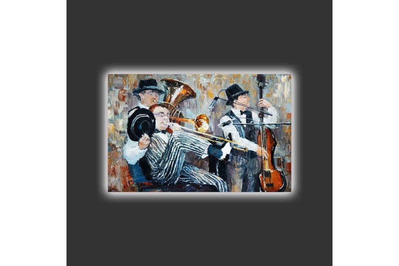 Lærredsbillede med LED-belysning - Musikalsk optræden med tre musikere, der spiller - Mørkeblå / Orange / Hvid - Boligtilbehør - Billeder & kunst - Billeder på lærred