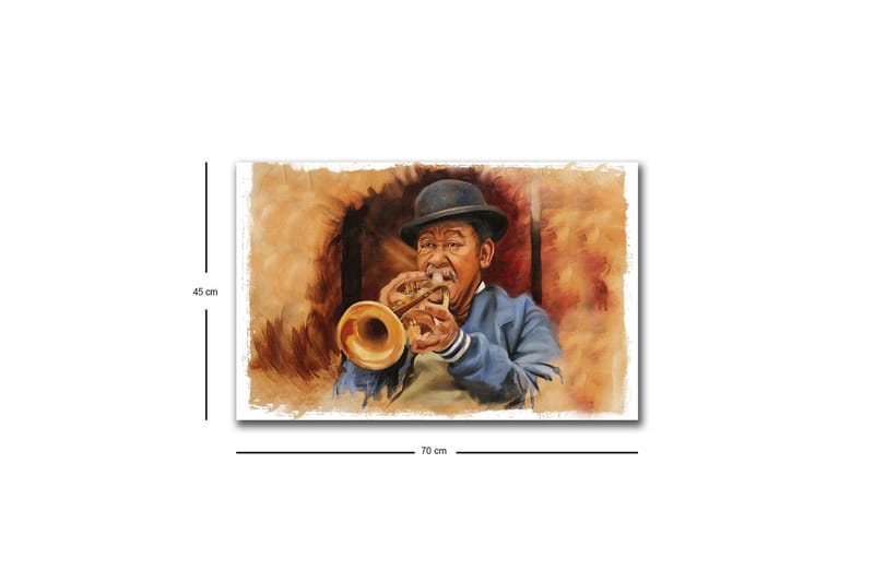 Lærredsbillede med LED-belysning - Musiker spiller trompet med udtryksfulde træk - Brun / Blå / Beige - Boligtilbehør - Billeder & kunst - Billeder på lærred
