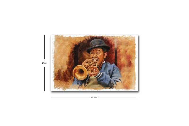 Lærredsbillede med LED-belysning - Musiker spiller trompet med udtryksfulde træk - Brun / Blå / Beige - Boligtilbehør - Billeder & kunst - Billeder på lærred