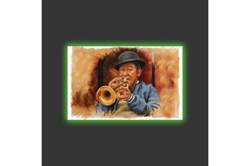 Lærredsbillede med LED-belysning - Musiker spiller trompet med udtryksfulde træk - Brun / Blå / Beige - Boligtilbehør - Billeder & kunst - Billeder på lærred