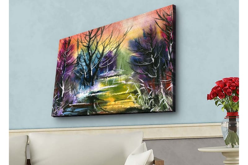 Lærredsbillede med LED-belysning - Mystisk landskab med silhuetter af træer i skumringen - Lilla / Grøn / Sort - Boligtilbehør - Billeder & kunst - Billeder på lærred