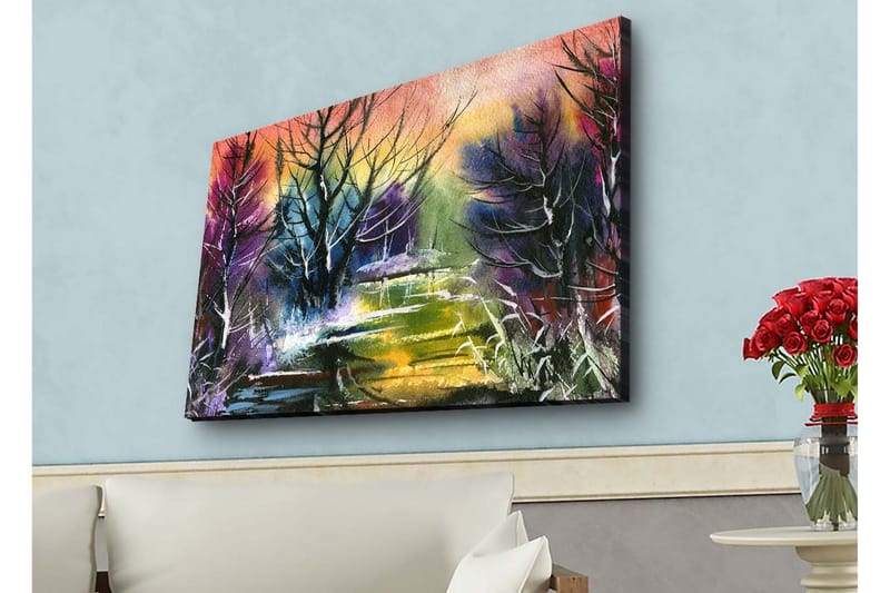 Lærredsbillede med LED-belysning - Mystisk landskab med silhuetter af træer i skumringen - Lilla / Grøn / Sort - Boligtilbehør - Billeder & kunst - Billeder på lærred