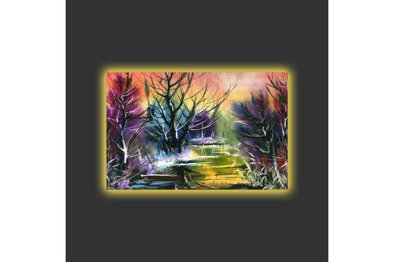 Lærredsbillede med LED-belysning - Mystisk landskab med silhuetter af træer i skumringen - Lilla / Grøn / Sort - Boligtilbehør - Billeder & kunst - Billeder på lærred