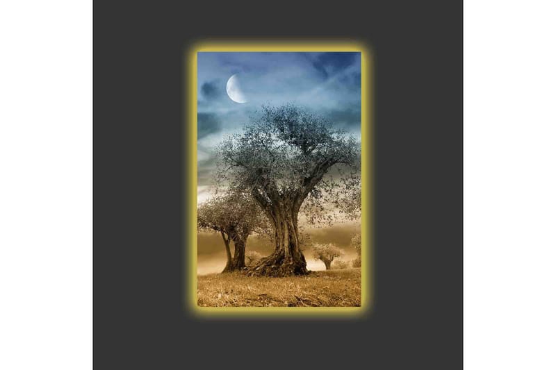 Lærredsbillede med LED-belysning - Mystisk landskab med silhuetter af træer under en måne - Grå / Brun / Sort - Boligtilbehør - Billeder & kunst - Billeder på lærred