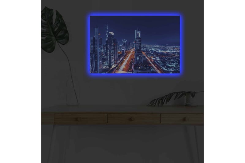 Lærredsbillede med LED-belysning - Natbyens skyline med oplyste skyskrabere - Mørkeblå / Lys orange / Hvid - Boligtilbehør - Billeder & kunst - Billeder på lærred