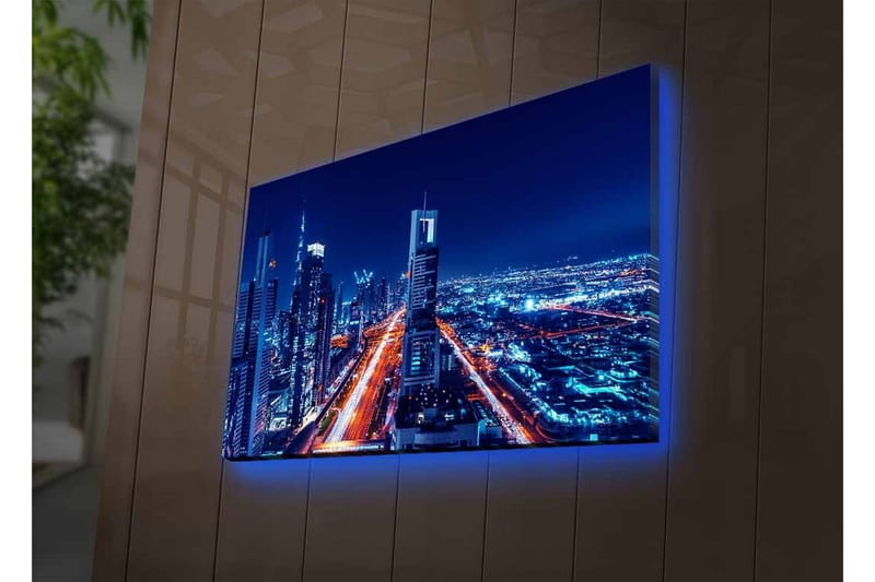 Lærredsbillede med LED-belysning - Natbyens skyline med oplyste skyskrabere - Mørkeblå / Lys orange / Hvid - Boligtilbehør - Billeder & kunst - Billeder på lærred