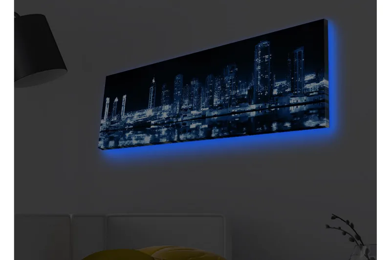 Lærredsbillede med LED-belysning - Natbyens skyline med oplyste skyskrabere, Mørkeblå / Sort / Hvid