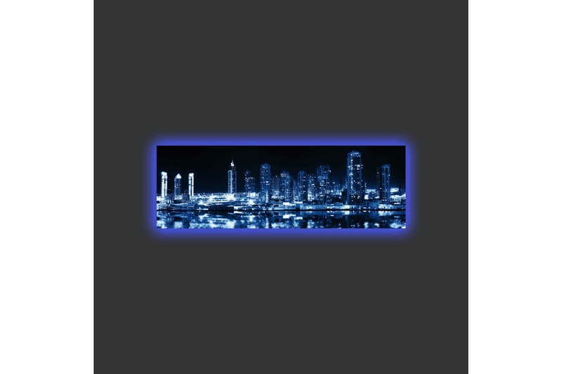 Lærredsbillede med LED-belysning - Natbyens skyline med oplyste skyskrabere - Mørkeblå / Sort / Hvid - Boligtilbehør - Billeder & kunst - Billeder på lærred