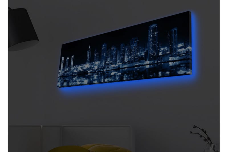 Lærredsbillede med LED-belysning - Natbyens skyline med oplyste skyskrabere, Mørkeblå / Sort / Hvid
