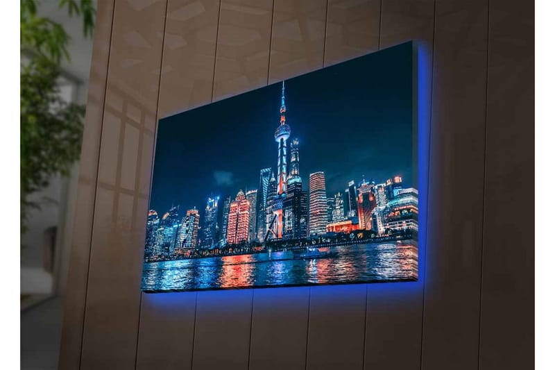 Lærredsbillede med LED-belysning - Natlandskab i Shanghai med lyse skyskrabere og refleksioner i vandet - Mørkeblå / Orange / Hvid - Boligtilbehør - Billeder & kunst - Billeder på lærred
