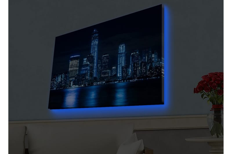 Lærredsbillede med LED-belysning - Natlandskab med oplyste skyskrabere, Mørkeblå / Sort / Lyseblå