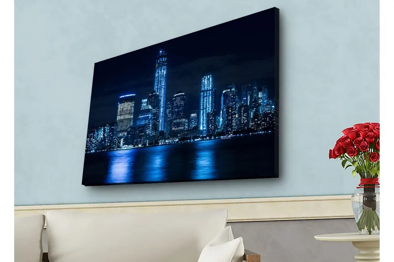 Lærredsbillede med LED-belysning - Natlandskab med oplyste skyskrabere - Mørkeblå / Sort / Lyseblå - Boligtilbehør - Billeder & kunst - Billeder på lærred