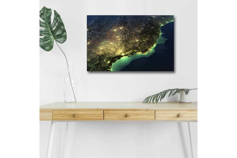 Lærredsbillede med LED-belysning - Natudsigt over en by med lys og hav, Mørkeblå / Grøn / Gul
