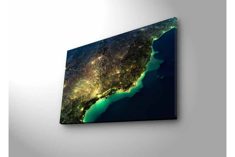 Lærredsbillede med LED-belysning - Natudsigt over en by med lys og hav - Mørkeblå / Grøn / Gul - Boligtilbehør - Billeder & kunst - Billeder på lærred