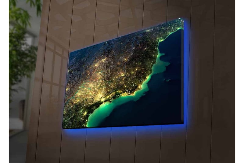 Lærredsbillede med LED-belysning - Natudsigt over en by med lys og hav - Mørkeblå / Grøn / Gul - Boligtilbehør - Billeder & kunst - Billeder på lærred