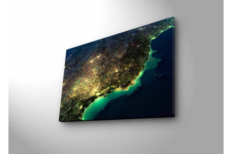 Lærredsbillede med LED-belysning - Natudsigt over en by med lys og hav - Mørkeblå / Grøn / Gul - Boligtilbehør - Billeder & kunst - Billeder på lærred