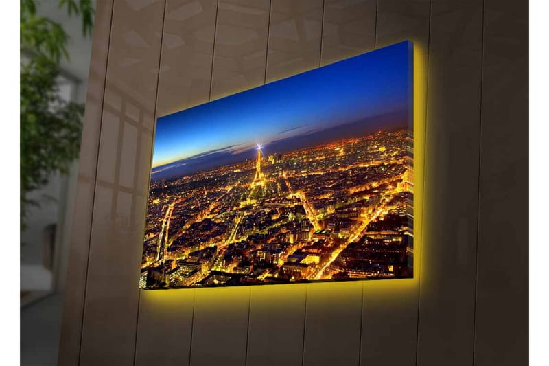 Lærredsbillede med LED-belysning - Natudsigt over Paris med Eiffeltårnet som hovedfokus - Mørkeblå / Gylden / Sort - Boligtilbehør - Billeder & kunst - Billeder på lærred