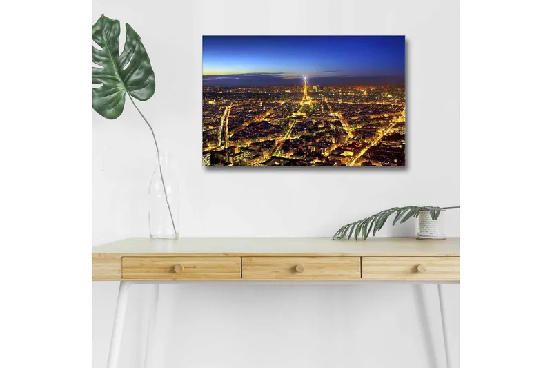 Lærredsbillede med LED-belysning - Natudsigt over Paris med Eiffeltårnet som hovedfokus, Mørkeblå / Gylden / Sort