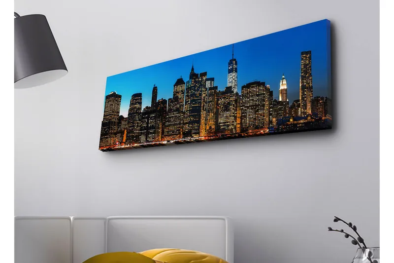 Lærredsbillede med LED-belysning - New York Citys skyline i skumringen, Blå / Sort / Guld